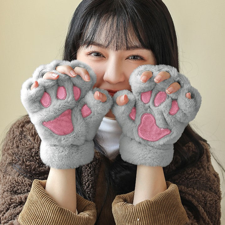 cat handschuhe Cute Fingerless Cat Paw Plush Gloves Grey