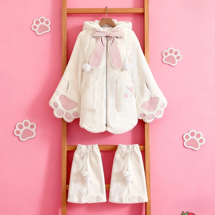 Bunny Hoodie With Bunny Ears Kawaii Plush Zip Up Coat