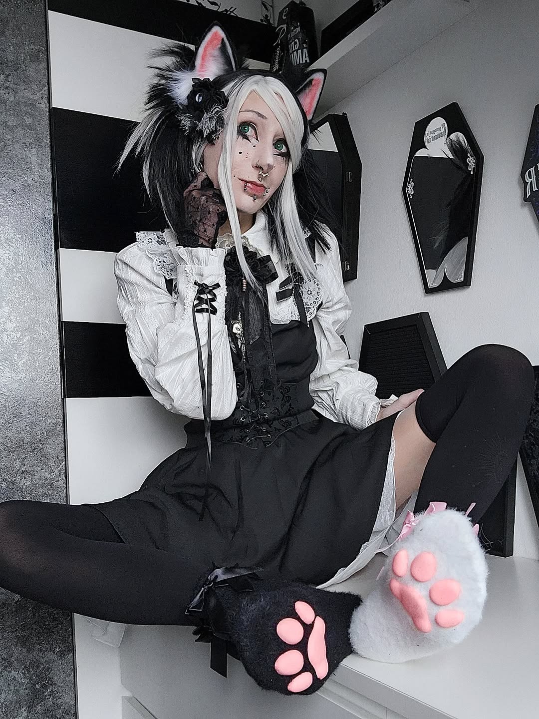 Fuzzy Cat Paw Socks (white and black)