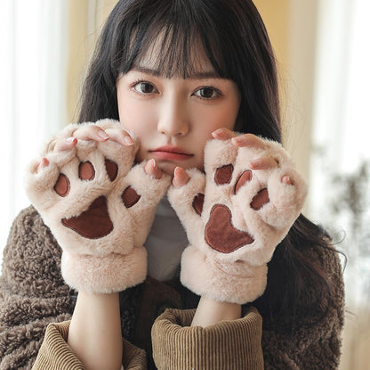 Cute Fingerless Cat Paw Plush Gloves