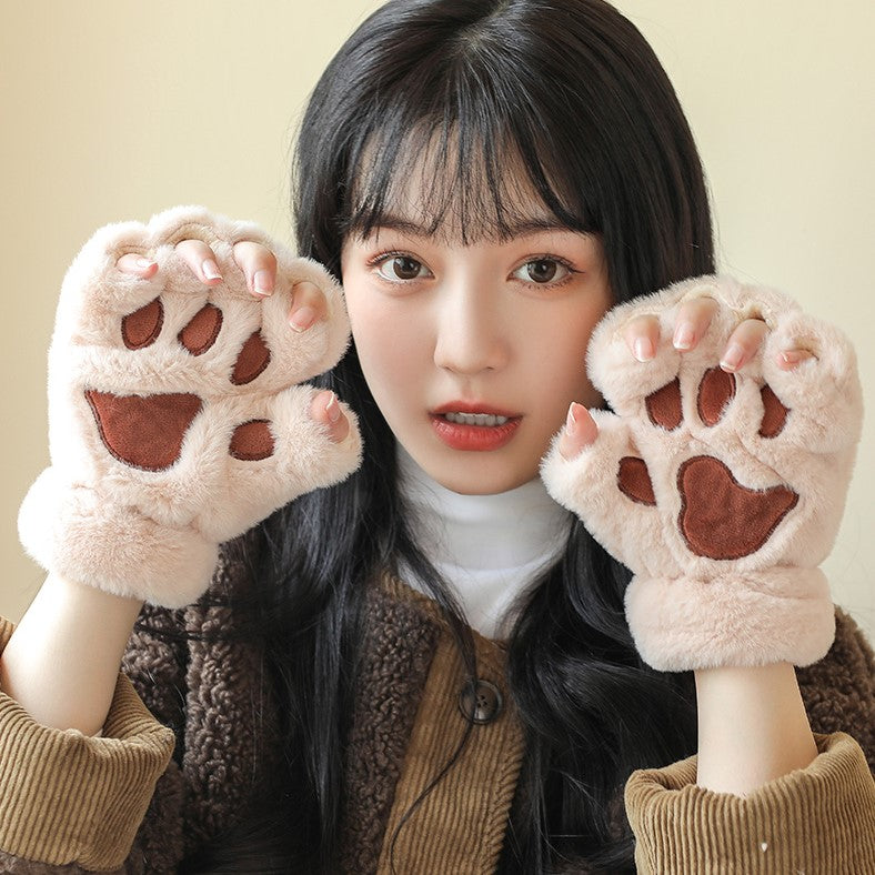 Cute Fingerless Cat Paw Plush Gloves